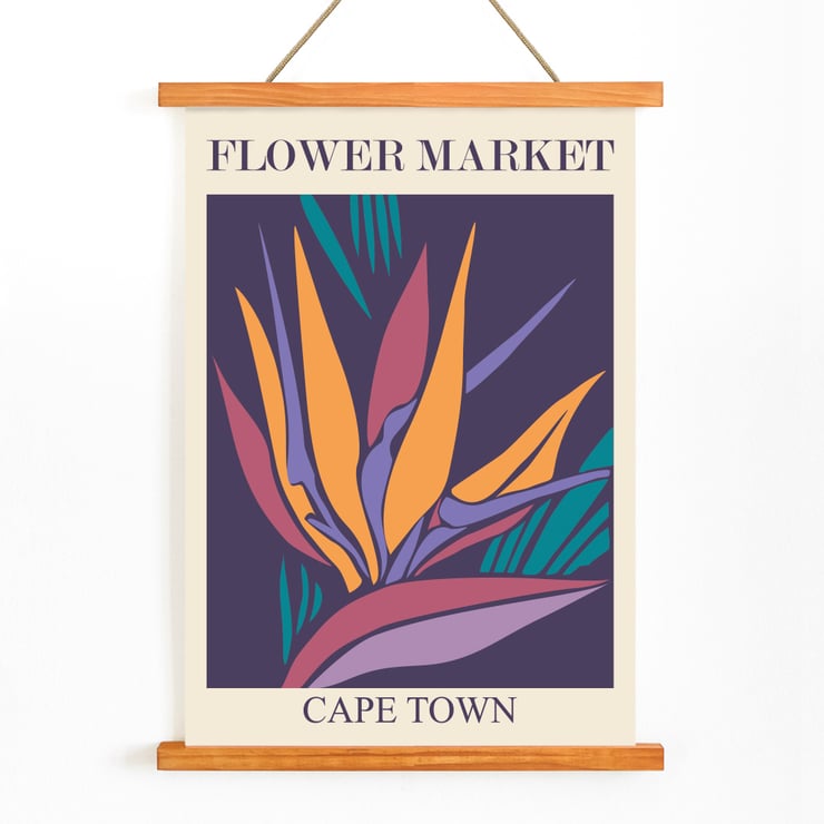 Colorful abstract artwork of tropical flowers Flower Market - Cape Town by Moryarty Poster featuring artwork titled Flower Market - Cape Town by Moryarty depicting a vibrant bird of paradise flower in abstract style