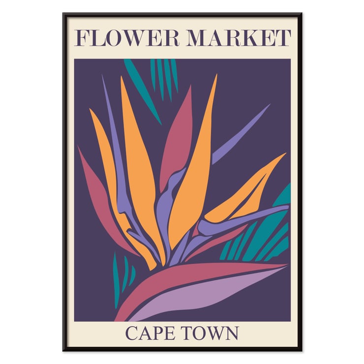 Colorful abstract artwork of tropical flowers Flower Market - Cape Town by Moryarty Poster featuring artwork titled Flower Market - Cape Town by Moryarty depicting a vibrant bird of paradise flower in abstract style