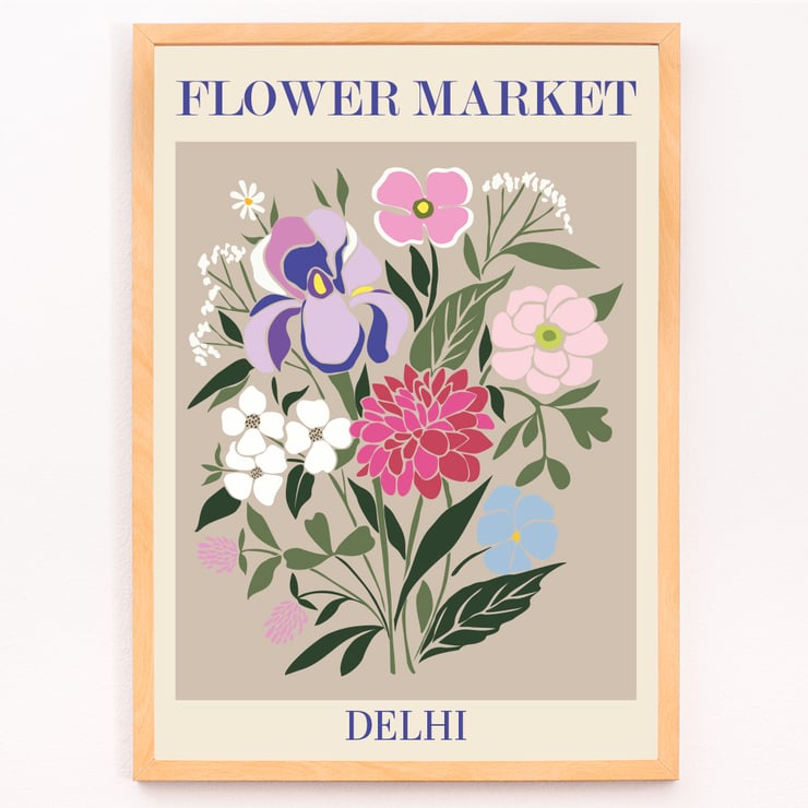 Colorful floral illustration displayed as artwork Flower Market - Delhi by Moryarty Poster of a floral arrangement with various colorful flowers titled Flower Market - Dehli by Moryarty.