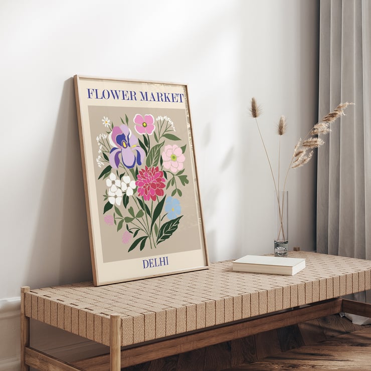 Colorful floral illustration displayed as artwork Flower Market - Delhi by Moryarty Poster of a floral arrangement with various colorful flowers titled Flower Market - Dehli by Moryarty.