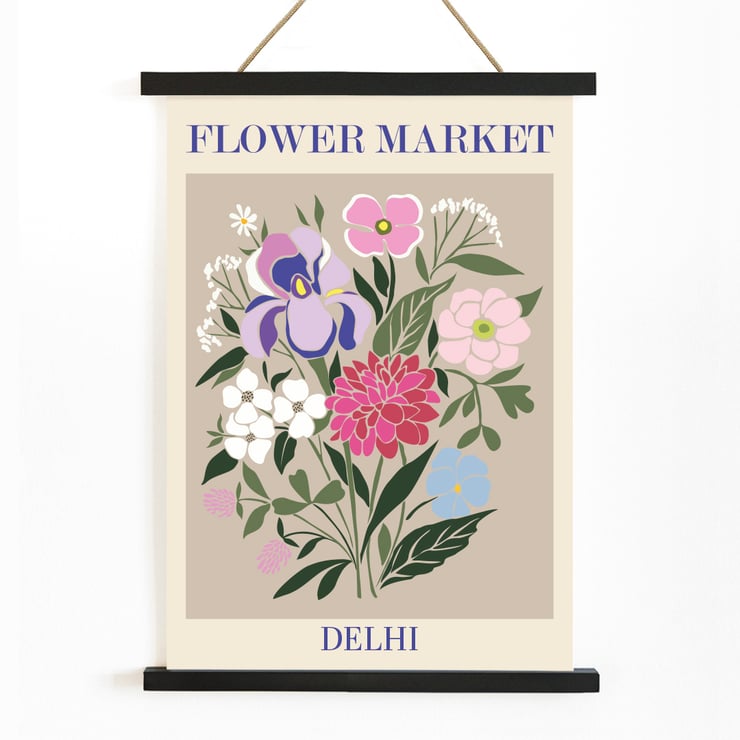 Colorful floral illustration displayed as artwork Flower Market - Delhi by Moryarty Poster of a floral arrangement with various colorful flowers titled Flower Market - Dehli by Moryarty.