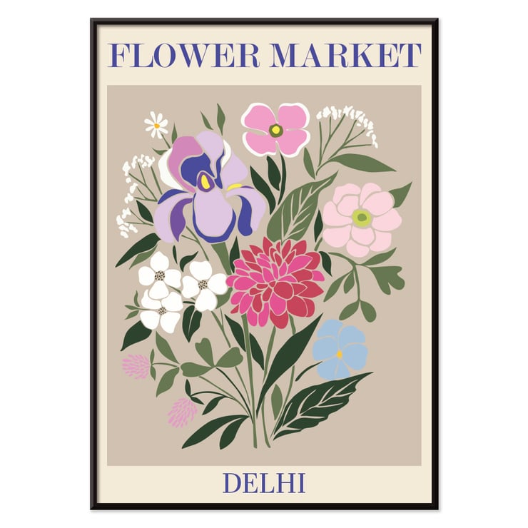 Colorful floral illustration displayed as artwork Flower Market - Delhi by Moryarty Poster of a floral arrangement with various colorful flowers titled Flower Market - Dehli by Moryarty.