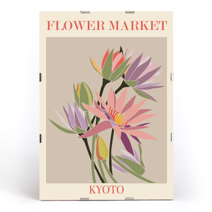 Bright colorful flowers illustrated on a beige background Flower Market Kyoto by Moryarty Poster featuring a colorful botanical illustration titled Flower Market - Kyoto by Moryarty.