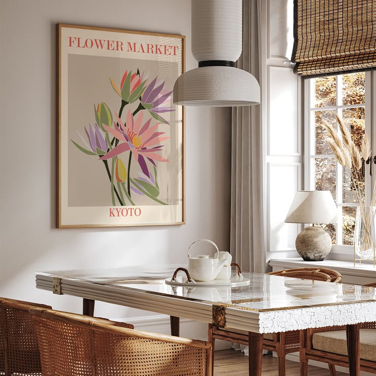 Bright colorful flowers illustrated on a beige background Flower Market Kyoto by Moryarty Poster featuring a colorful botanical illustration titled Flower Market - Kyoto by Moryarty.