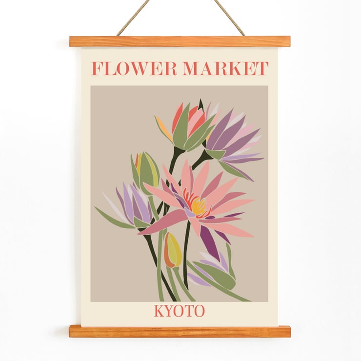 Bright colorful flowers illustrated on a beige background Flower Market Kyoto by Moryarty Poster featuring a colorful botanical illustration titled Flower Market - Kyoto by Moryarty.