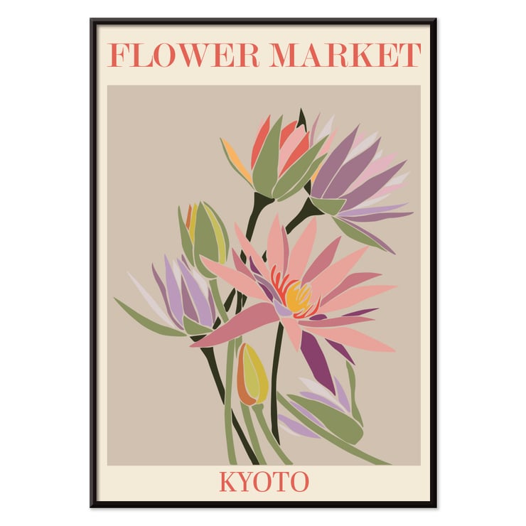 Bright colorful flowers illustrated on a beige background Flower Market Kyoto by Moryarty Poster featuring a colorful botanical illustration titled Flower Market - Kyoto by Moryarty.