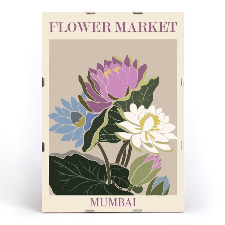Colorful floral artwork Flower Market - Mumbai by Moryarty featuring lotus blossoms Poster titled Flower Market - Mumbai by Moryarty featuring colorful flowers with green leaves on a beige background