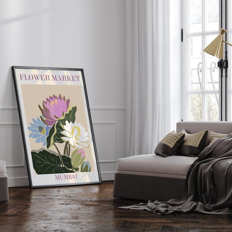 Colorful floral artwork Flower Market - Mumbai by Moryarty featuring lotus blossoms Poster titled Flower Market - Mumbai by Moryarty featuring colorful flowers with green leaves on a beige background