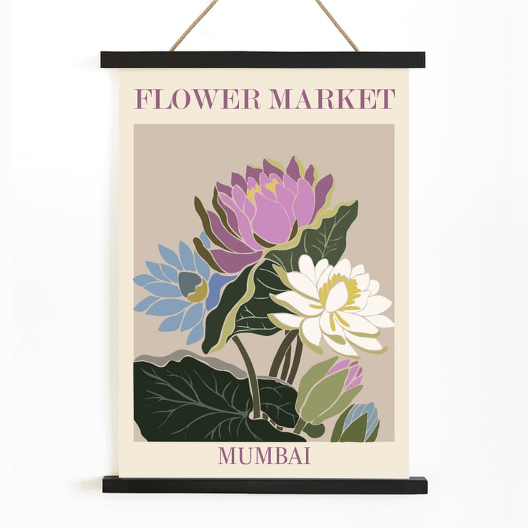 Colorful floral artwork Flower Market - Mumbai by Moryarty featuring lotus blossoms Poster titled Flower Market - Mumbai by Moryarty featuring colorful flowers with green leaves on a beige background