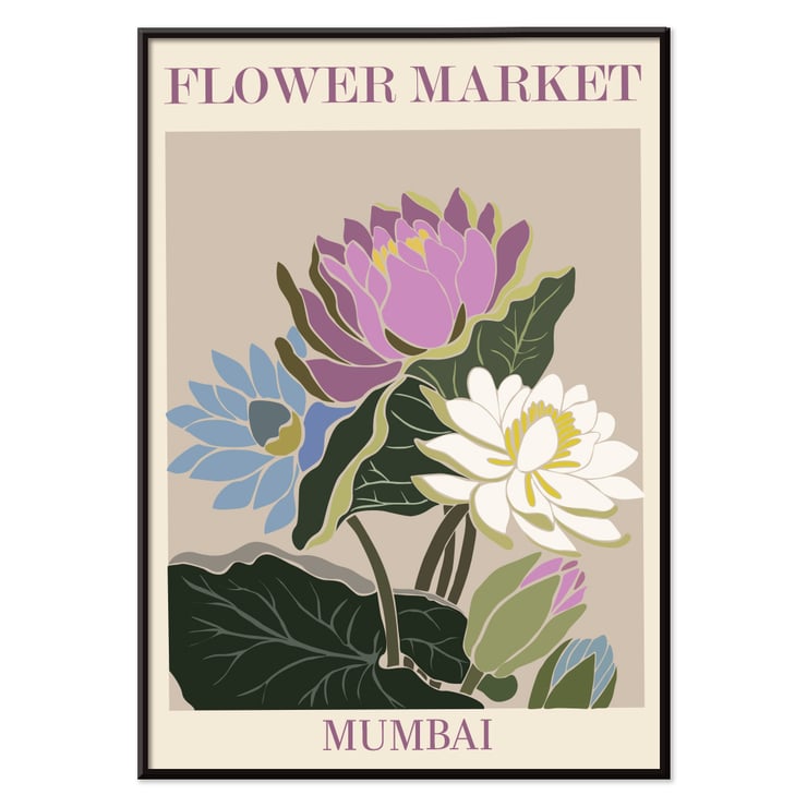 Colorful floral artwork Flower Market - Mumbai by Moryarty featuring lotus blossoms Poster titled Flower Market - Mumbai by Moryarty featuring colorful flowers with green leaves on a beige background