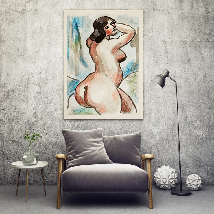 Expressionist artwork of a female nude by Carl Newman in watercolor style. Poster of a woman in a nude pose with vibrant colors by artist Carl Newman titled Female Nude.