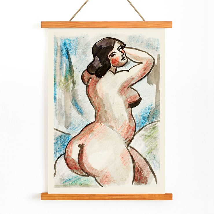 Expressionist artwork of a female nude by Carl Newman in watercolor style. Poster of a woman in a nude pose with vibrant colors by artist Carl Newman titled Female Nude.