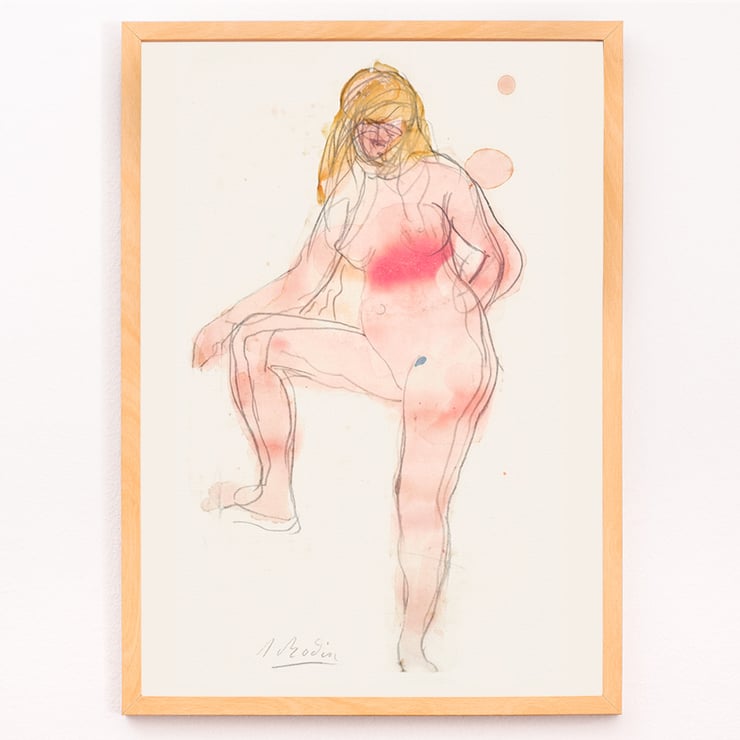 Watercolor sketch of a nude figure by Auguste Rodin titled Study of Nude. Poster of a watercolor sketch featuring a nude woman with one leg raised by Auguste Rodin titled Study of Nude