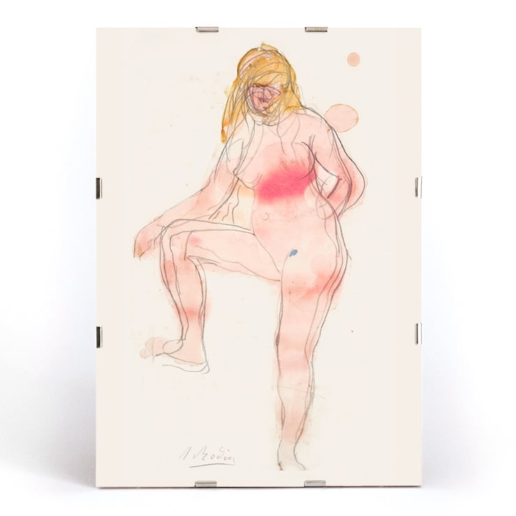 Watercolor sketch of a nude figure by Auguste Rodin titled Study of Nude. Poster of a watercolor sketch featuring a nude woman with one leg raised by Auguste Rodin titled Study of Nude