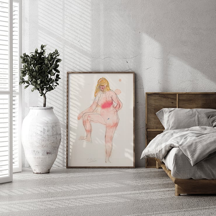 Watercolor sketch of a nude figure by Auguste Rodin titled Study of Nude. Poster of a watercolor sketch featuring a nude woman with one leg raised by Auguste Rodin titled Study of Nude