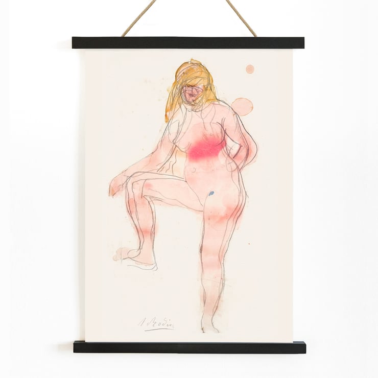 Watercolor sketch of a nude figure by Auguste Rodin titled Study of Nude. Poster of a watercolor sketch featuring a nude woman with one leg raised by Auguste Rodin titled Study of Nude