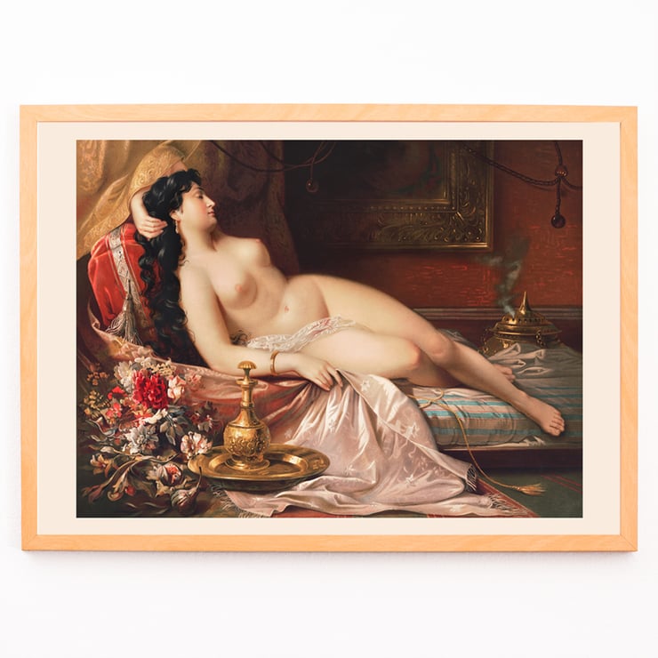 Sleeping Beauty by Anonymous features a reclining woman surrounded by luxurious fabrics and florals. Poster of the artwork Sleeping beauty depicting a reclining woman draped in fabric surrounded by flowers and ornate objects.