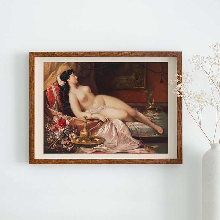 Sleeping Beauty by Anonymous features a reclining woman surrounded by luxurious fabrics and florals. Poster of the artwork Sleeping beauty depicting a reclining woman draped in fabric surrounded by flowers and ornate objects.