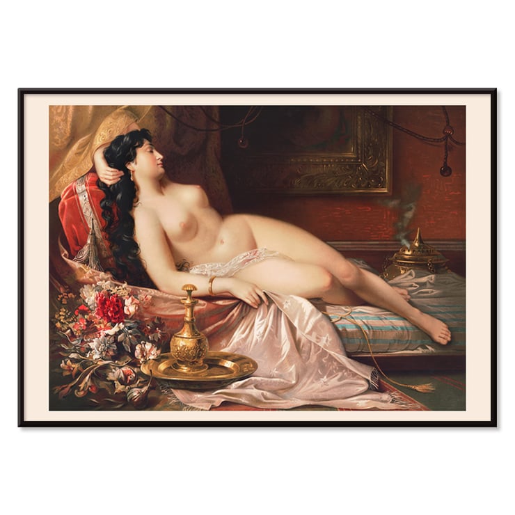 Sleeping Beauty by Anonymous features a reclining woman surrounded by luxurious fabrics and florals. Poster of the artwork Sleeping beauty depicting a reclining woman draped in fabric surrounded by flowers and ornate objects.