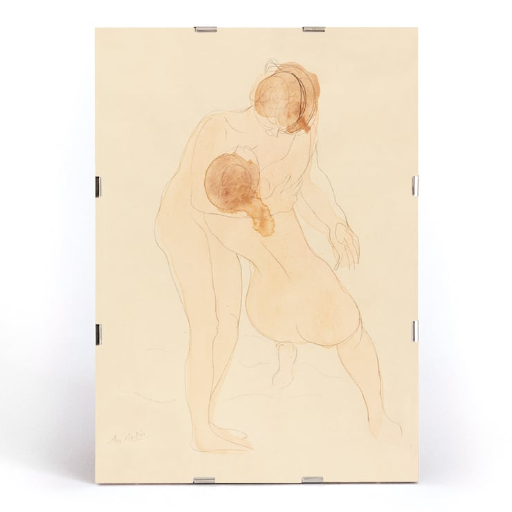 Two figures drawing by Auguste Rodin depicting two embracing figures Poster featuring Two Figures by Auguste Rodin showcasing two nude figures in a delicate embrace on a light background