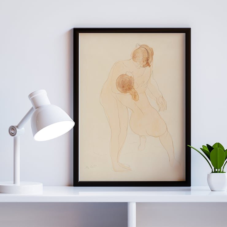 Two figures drawing by Auguste Rodin depicting two embracing figures Poster featuring Two Figures by Auguste Rodin showcasing two nude figures in a delicate embrace on a light background