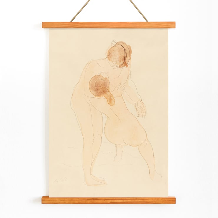Two figures drawing by Auguste Rodin depicting two embracing figures Poster featuring Two Figures by Auguste Rodin showcasing two nude figures in a delicate embrace on a light background