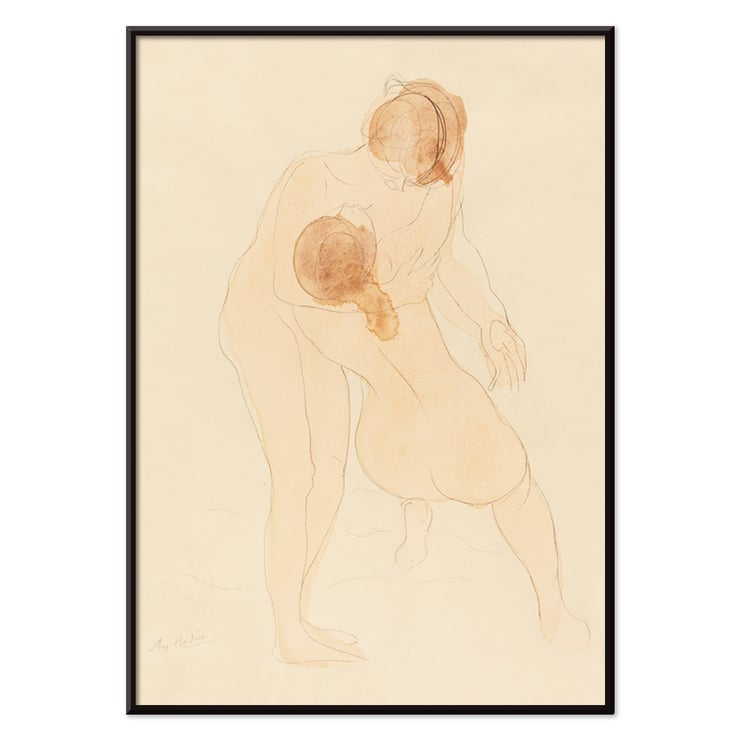 Two figures drawing by Auguste Rodin depicting two embracing figures Poster featuring Two Figures by Auguste Rodin showcasing two nude figures in a delicate embrace on a light background