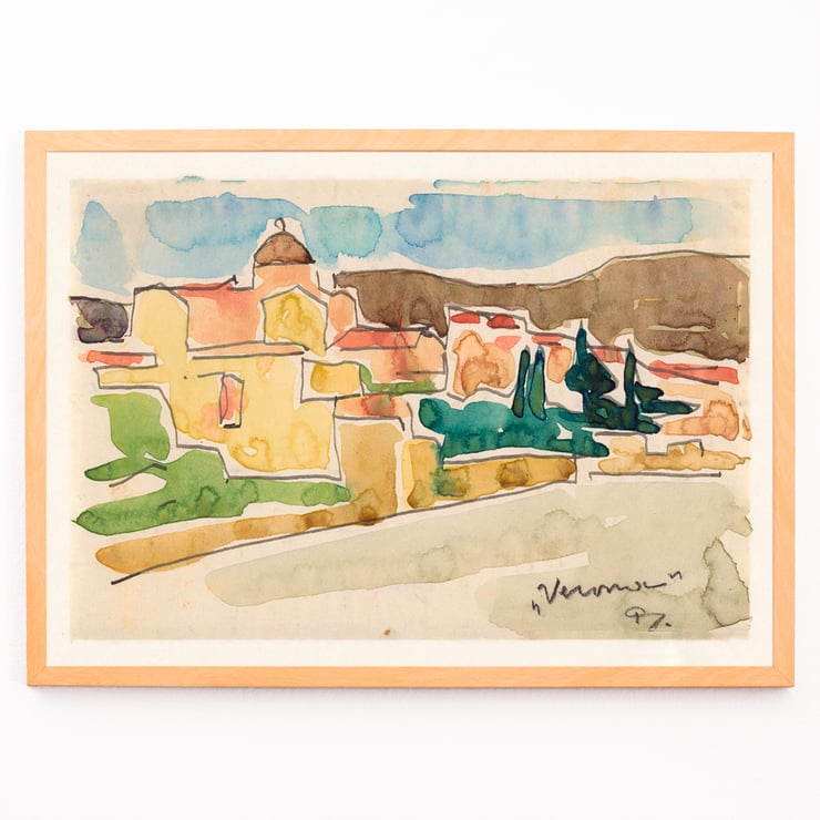 Colorful landscape of Verona by Reijer Stolk View of Verona Poster of a watercolor landscape titled View of Verona by artist Reijer Stolk depicting colorful houses and trees in a scenic view.