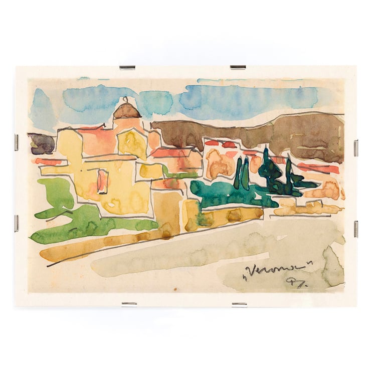 Colorful landscape of Verona by Reijer Stolk View of Verona Poster of a watercolor landscape titled View of Verona by artist Reijer Stolk depicting colorful houses and trees in a scenic view.