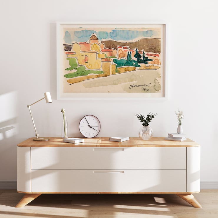 Colorful landscape of Verona by Reijer Stolk View of Verona Poster of a watercolor landscape titled View of Verona by artist Reijer Stolk depicting colorful houses and trees in a scenic view.