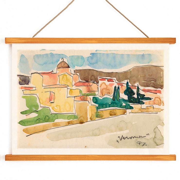 Colorful landscape of Verona by Reijer Stolk View of Verona Poster of a watercolor landscape titled View of Verona by artist Reijer Stolk depicting colorful houses and trees in a scenic view.