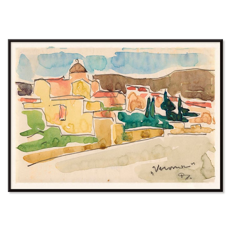 Colorful landscape of Verona by Reijer Stolk View of Verona Poster of a watercolor landscape titled View of Verona by artist Reijer Stolk depicting colorful houses and trees in a scenic view.