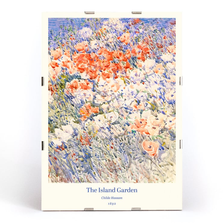 Colorful floral painting The Island Garden by Childe Hassam. Poster featuring The Island Garden by Childe Hassam depicting a vibrant floral scene with colorful wildflowers.
