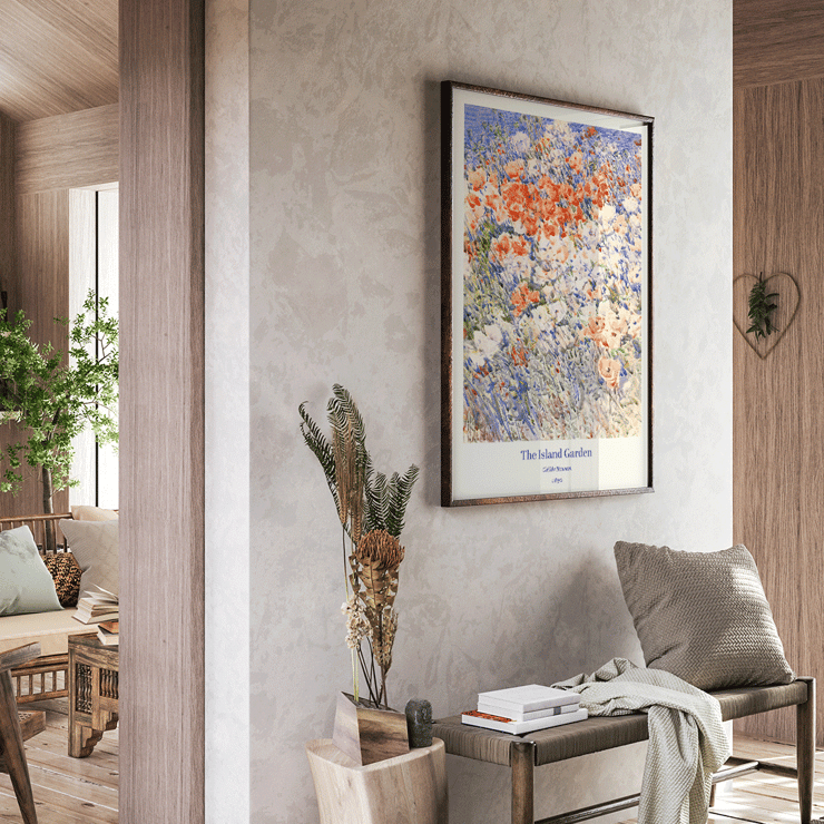 Colorful floral painting The Island Garden by Childe Hassam. Poster featuring The Island Garden by Childe Hassam depicting a vibrant floral scene with colorful wildflowers.