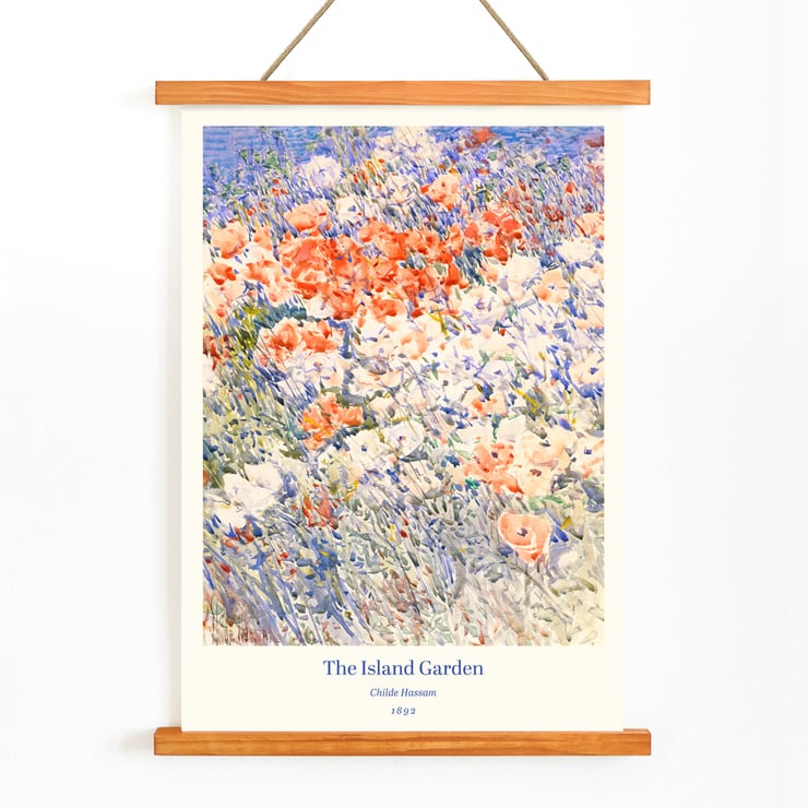 Colorful floral painting The Island Garden by Childe Hassam. Poster featuring The Island Garden by Childe Hassam depicting a vibrant floral scene with colorful wildflowers.