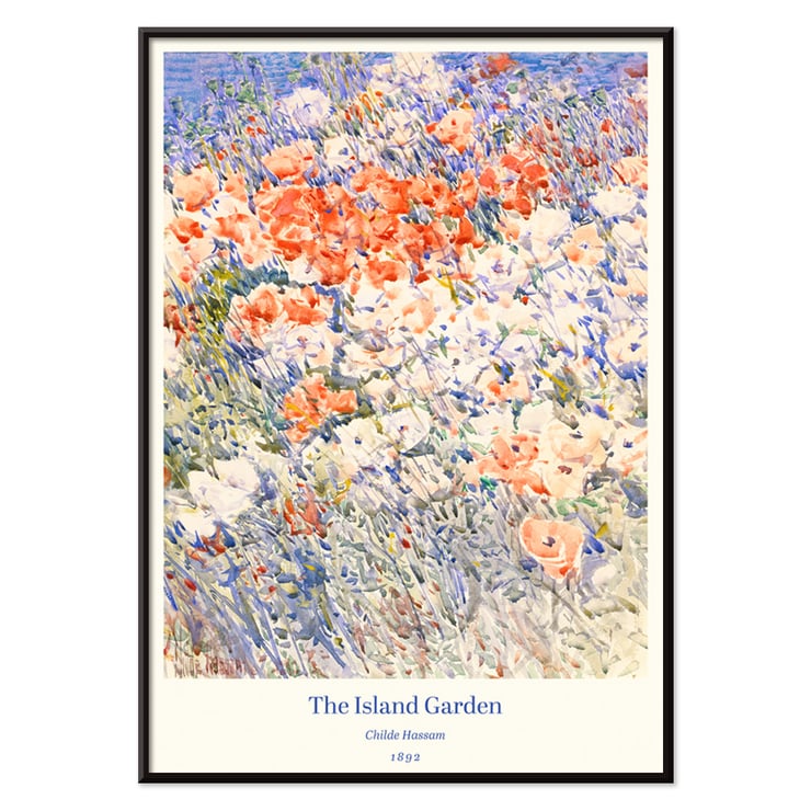 Colorful floral painting The Island Garden by Childe Hassam. Poster featuring The Island Garden by Childe Hassam depicting a vibrant floral scene with colorful wildflowers.
