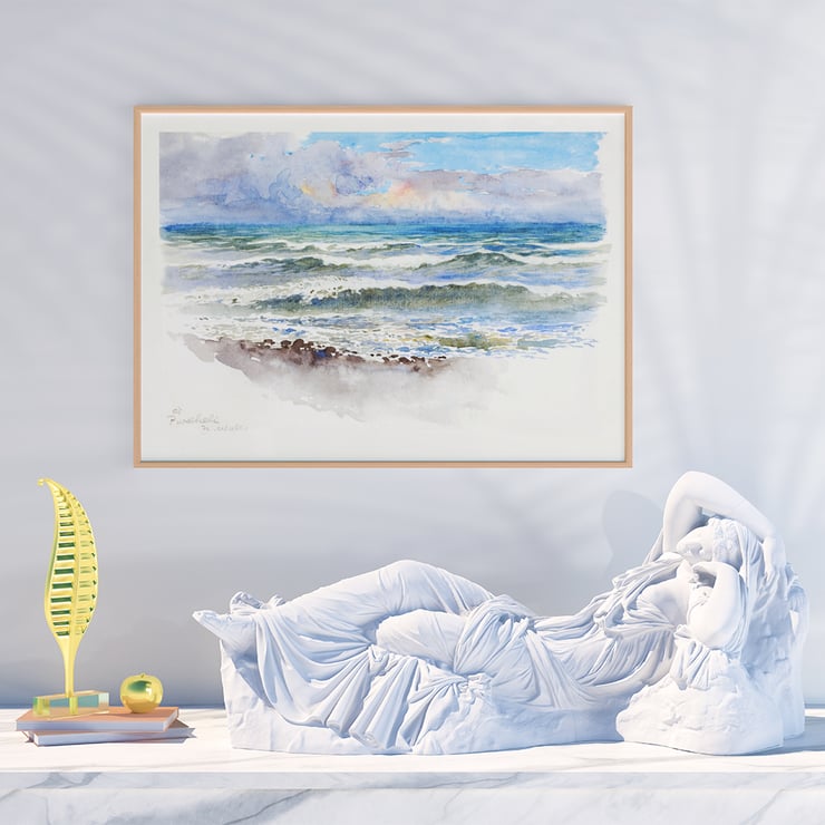 Seascape painting at Pwllheli North Wales by George Elbert Burr shows waves and clouds. Seaside landscape with waves at Pwllheli N Wales by George Elbert Burr on a poster.