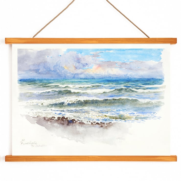 Seascape painting at Pwllheli North Wales by George Elbert Burr shows waves and clouds. Seaside landscape with waves at Pwllheli N Wales by George Elbert Burr on a poster.