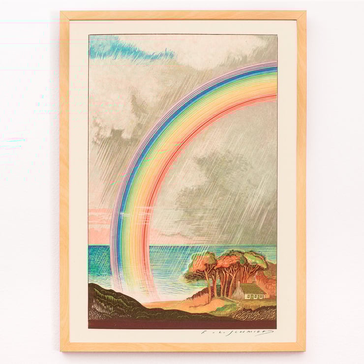 Colorful rainbow over ocean landscape by F L Schmied in Faust tragédie de Goethe selon la traduction de Gérard de Nerval Poster with a vibrant rainbow over coastal landscape artwork by F L Schmied titled Faust tragédie de Goethe translation by Gérard de Nerval