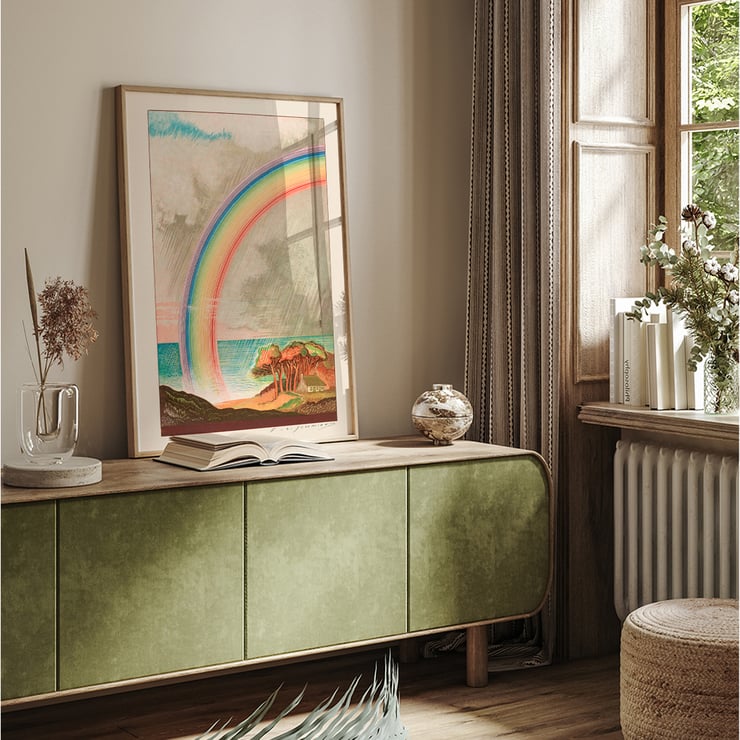Colorful rainbow over ocean landscape by F L Schmied in Faust tragédie de Goethe selon la traduction de Gérard de Nerval Poster with a vibrant rainbow over coastal landscape artwork by F L Schmied titled Faust tragédie de Goethe translation by Gérard de Nerval