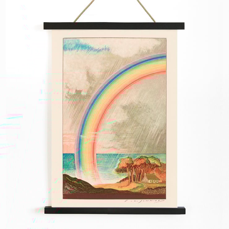 Colorful rainbow over ocean landscape by F L Schmied in Faust tragédie de Goethe selon la traduction de Gérard de Nerval Poster with a vibrant rainbow over coastal landscape artwork by F L Schmied titled Faust tragédie de Goethe translation by Gérard de Nerval