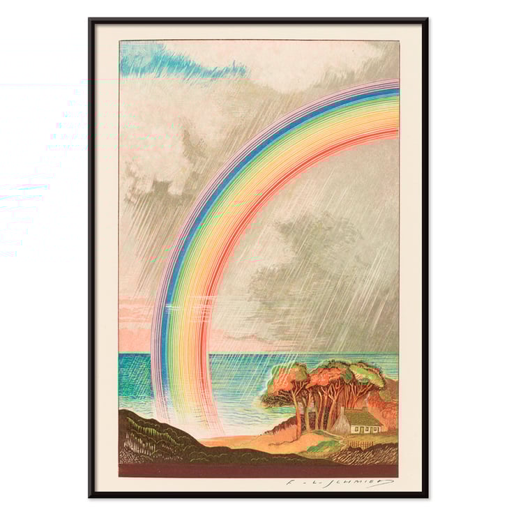 Colorful rainbow over ocean landscape by F L Schmied in Faust tragédie de Goethe selon la traduction de Gérard de Nerval Poster with a vibrant rainbow over coastal landscape artwork by F L Schmied titled Faust tragédie de Goethe translation by Gérard de Nerval