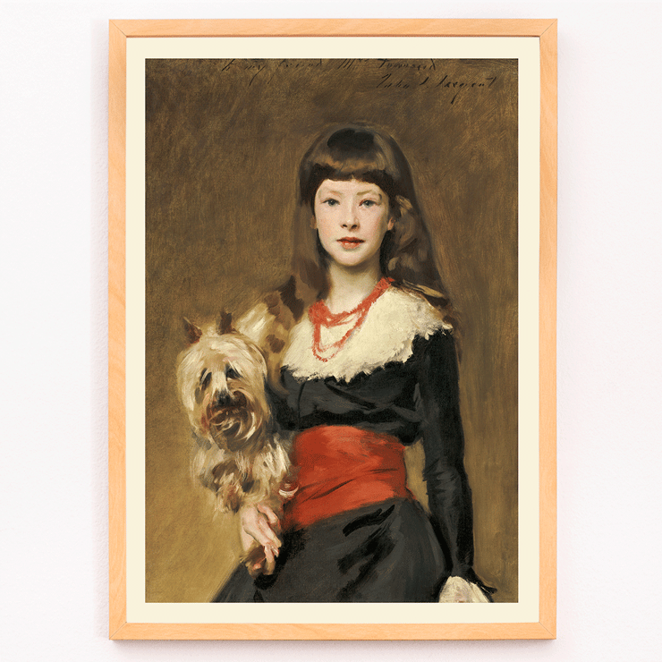Portrait of a girl with a dog by John Singer Sargent in Miss Beatrice Townsend Poster featuring Miss Beatrice Townsend by John Singer Sargent depicting a young girl with a dog in elegant attire and a red sash.