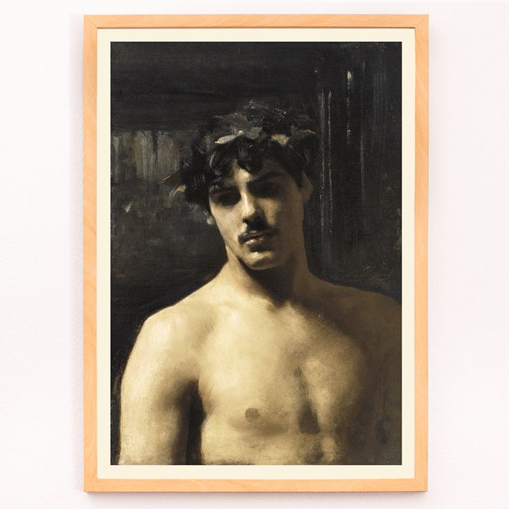 Man Wearing Laurel Wreath Painting by John Singer Sargent Man Wearing Laurels Poster of Man Wearing Laurels a painting by John Singer Sargent depicting a shirtless man with a laurel wreath on his head