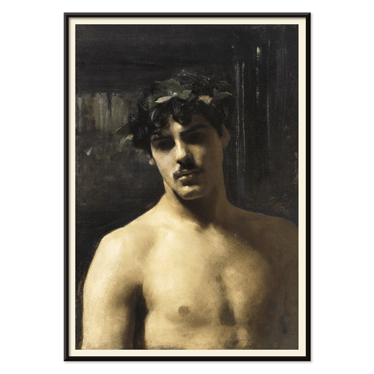 Man Wearing Laurel Wreath Painting by John Singer Sargent Man Wearing Laurels Poster of Man Wearing Laurels a painting by John Singer Sargent depicting a shirtless man with a laurel wreath on his head