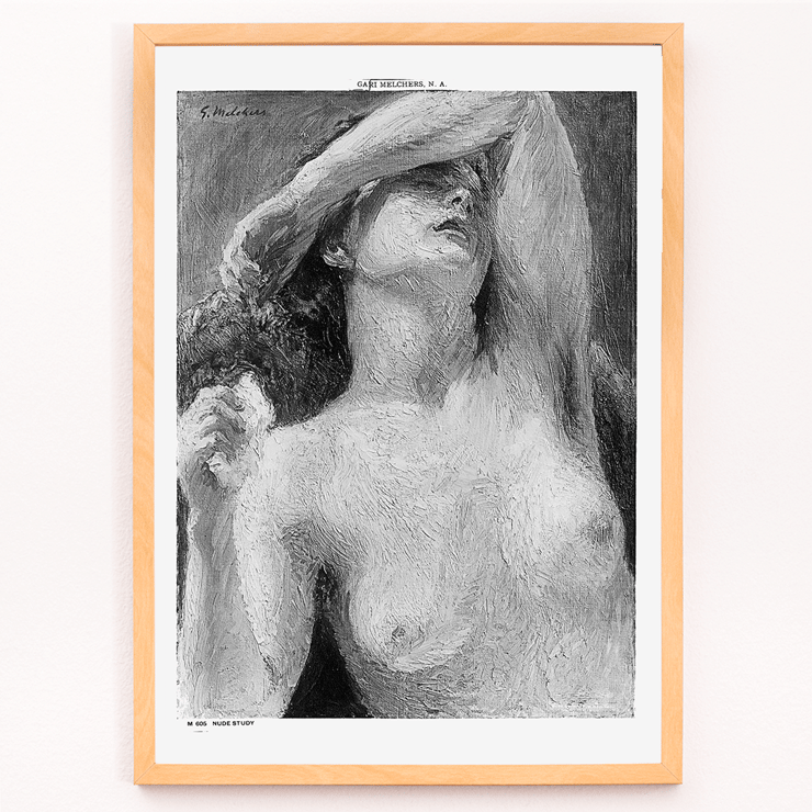 Nude Study by Gari Melchers painting of a woman with arm raised. Poster of the artwork titled Nude Study by Gari Melchers depicting a nude figure with an arm covering part of the face in a detailed brushstroke style.