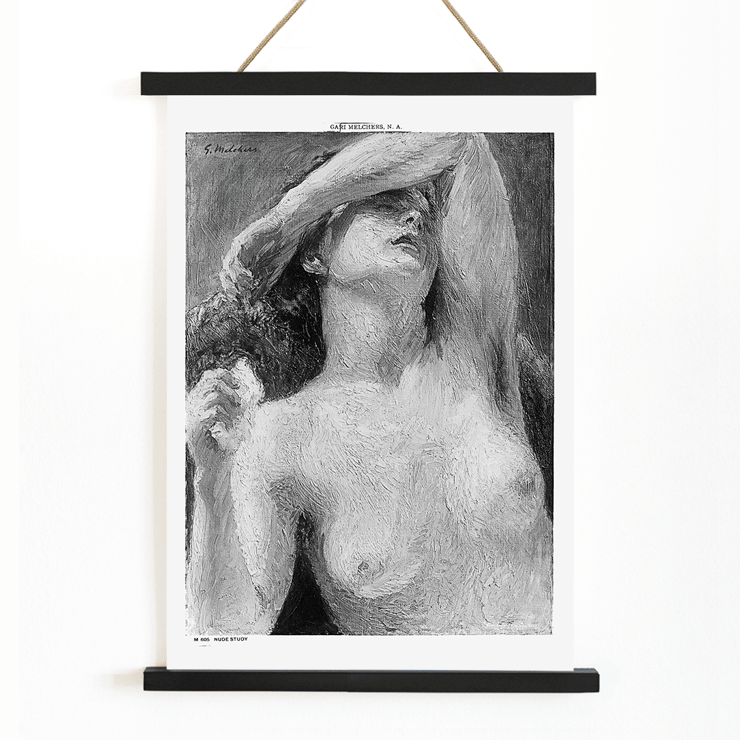 Nude Study by Gari Melchers painting of a woman with arm raised. Poster of the artwork titled Nude Study by Gari Melchers depicting a nude figure with an arm covering part of the face in a detailed brushstroke style.