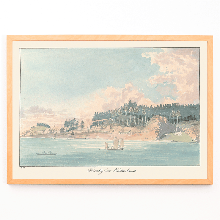 Seaside village painting by Charles Hamilton Smith titled Friendly Cove Nootka Sound Poster of a coastal landscape with sailboats and a forested hill titled Friendly Cove Nootka Sound by Charles Hamilton Smith