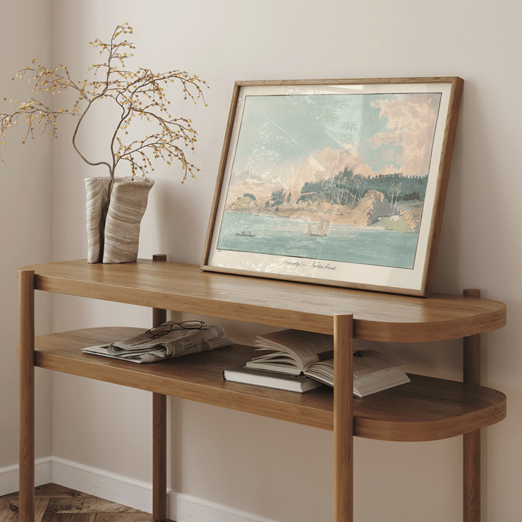 Seaside village painting by Charles Hamilton Smith titled Friendly Cove Nootka Sound Poster of a coastal landscape with sailboats and a forested hill titled Friendly Cove Nootka Sound by Charles Hamilton Smith