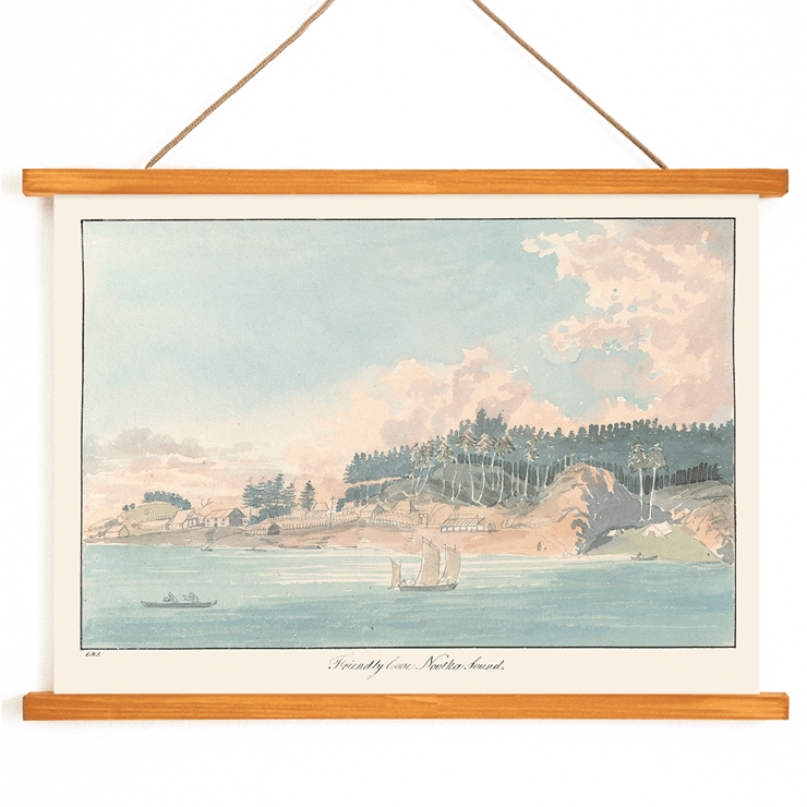 Seaside village painting by Charles Hamilton Smith titled Friendly Cove Nootka Sound Poster of a coastal landscape with sailboats and a forested hill titled Friendly Cove Nootka Sound by Charles Hamilton Smith